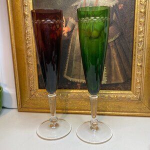 NACHTMANN Purple, GREEN CUT-TO-CLEAR CRYSTAL CHAMPAGNE FLUTES GLASSES Set Of 2